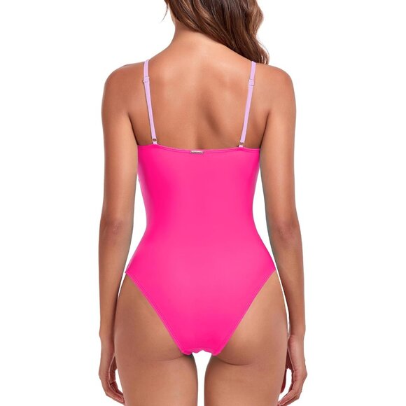 🆕Women Purple Orange Hot Pink Polyamide Geometric Cutout Bandeau One Piece Swim - Picture 6 of 7